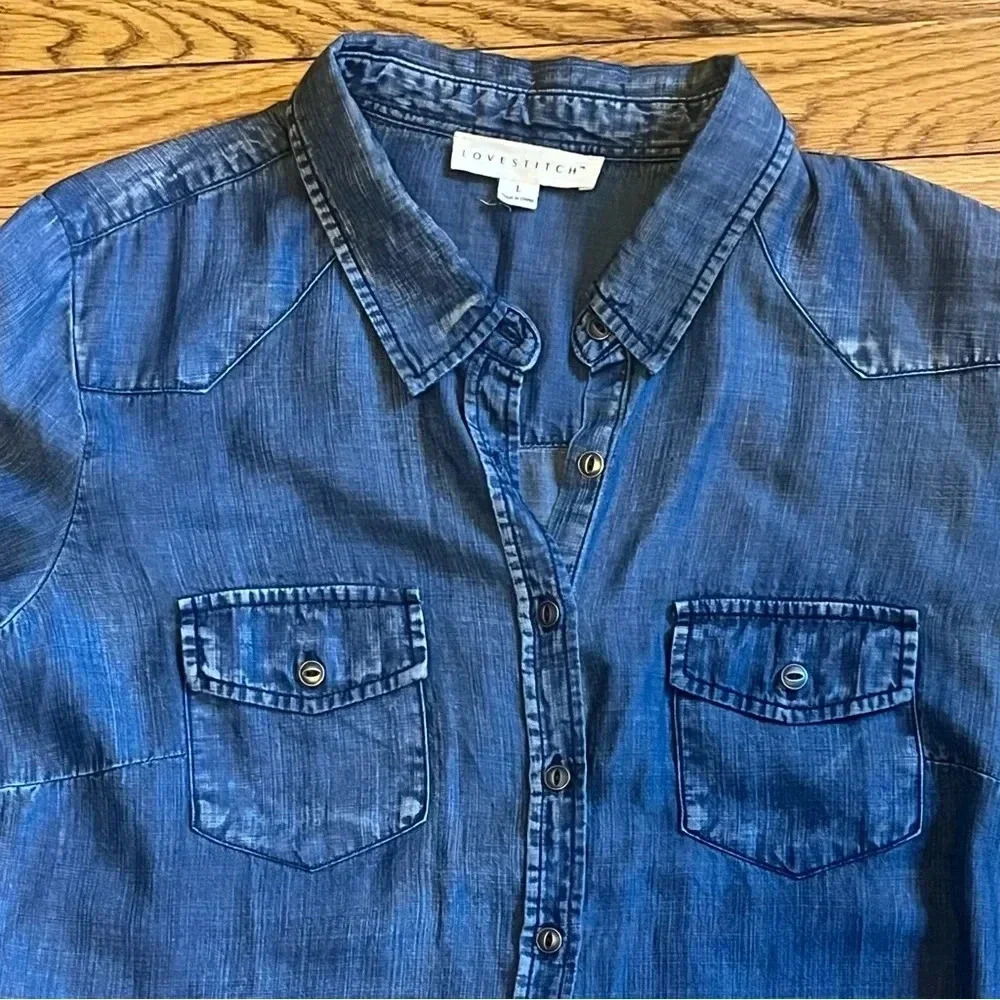Love Stitch Dark Wash Blue Button Down Long Sleeve Denim Shirt | Size Large - Picture 4 of 12